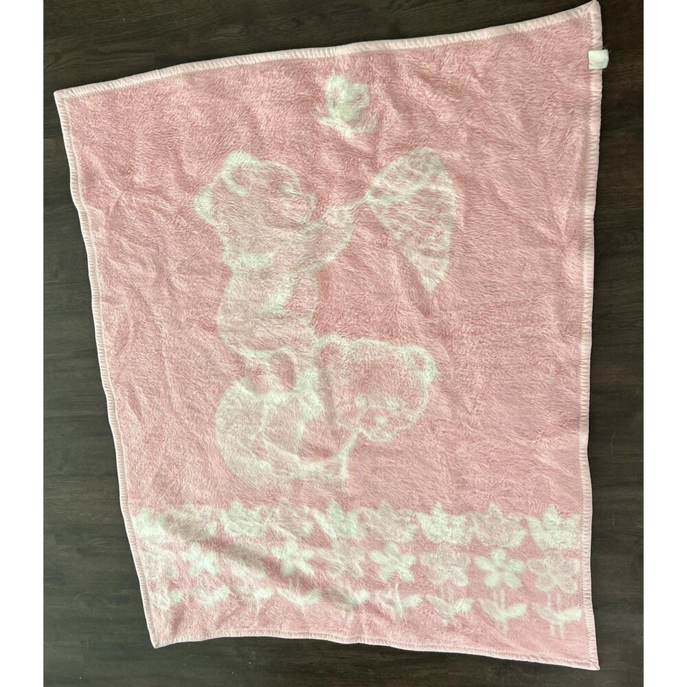 Vintage Fleece Baby Blanket Bears Butterfly Reversible Pink White 40x52” Sweet!